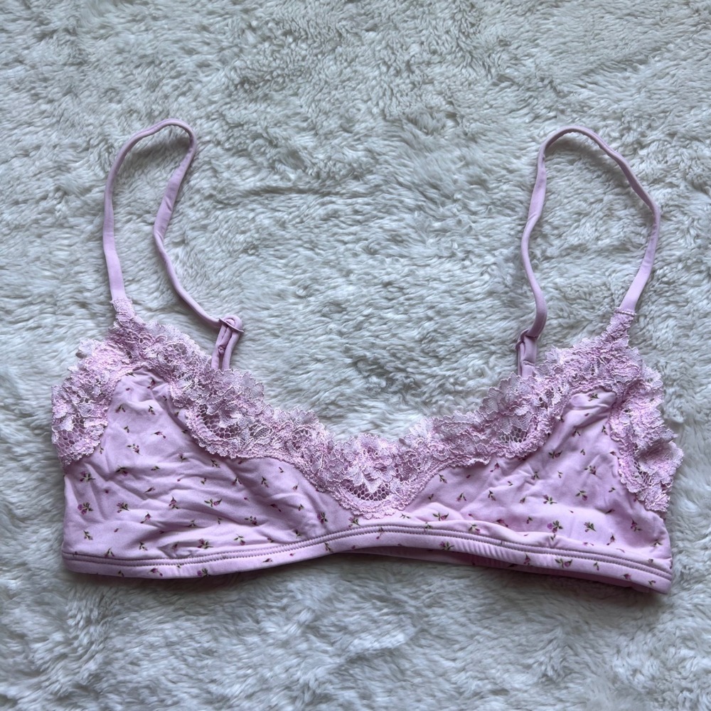 SKIMS Pink Floral Lace Trim Bralette Wireless‎ Adjustable Straps XS RN158973